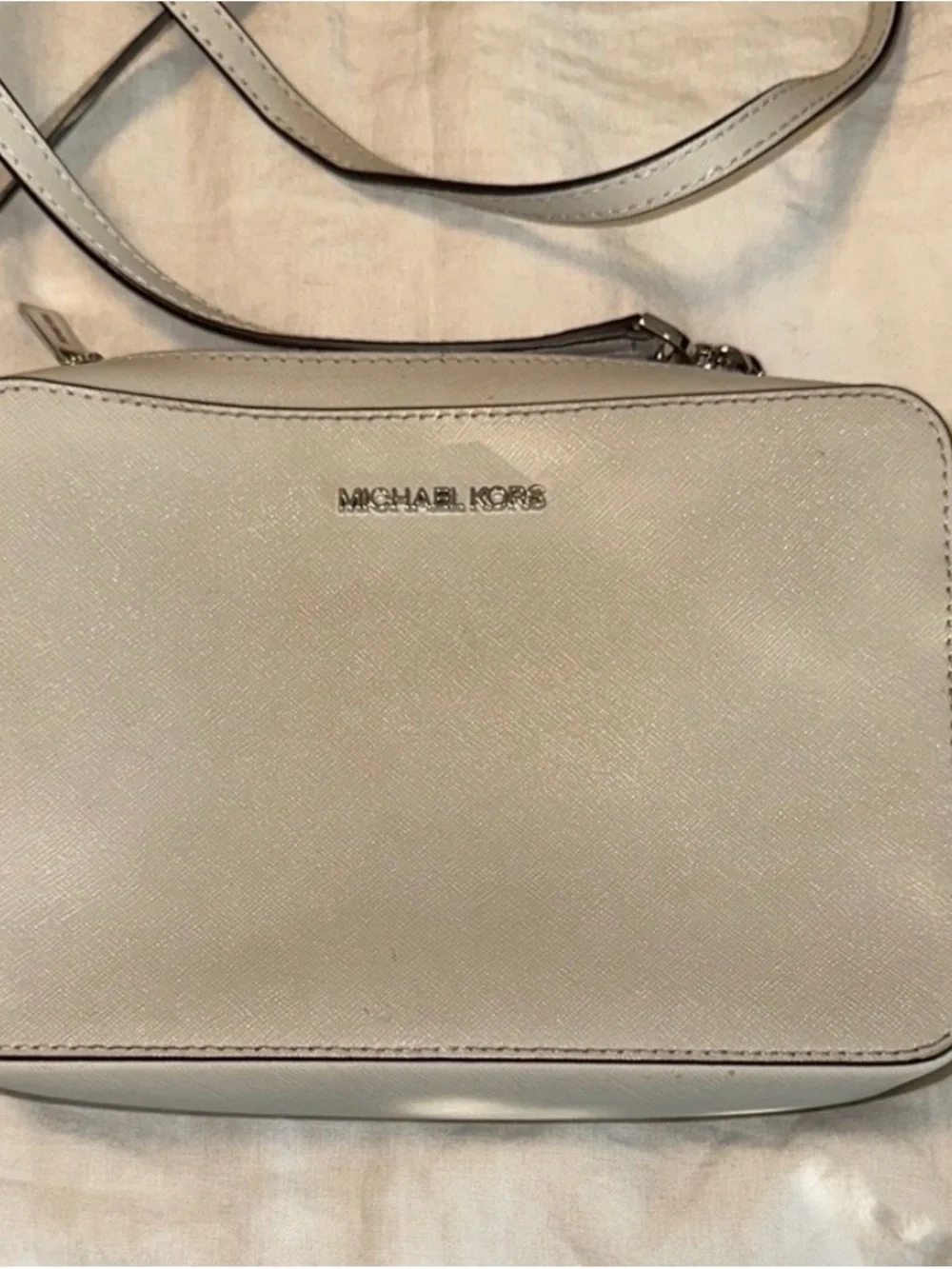 Michael Kors Cream Saffiano Crossbody Bag with Silver Logo